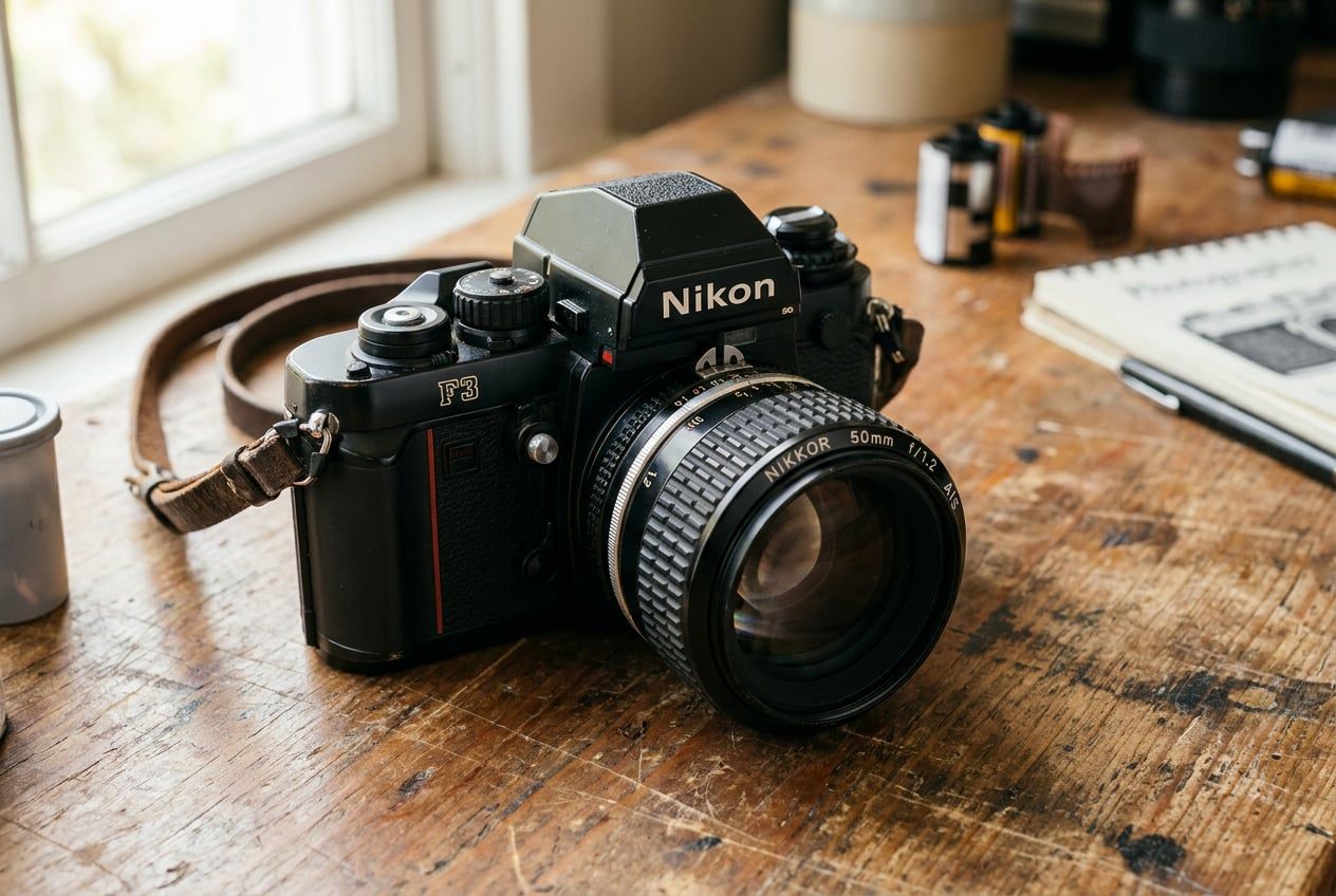 Vintage Nikon F3 35mm film camera with a 50mm f/1.2 AIS lens